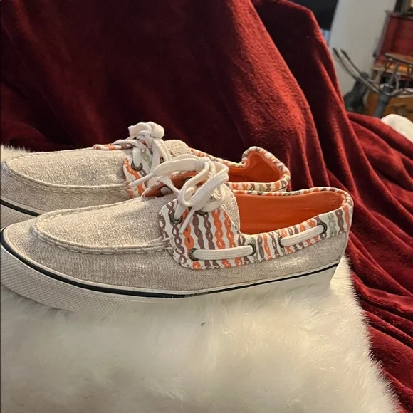 Sperry Top Sider Tan and Peach Lace Up Casual Boat or Tennis Shoes - Picture 2 of 12